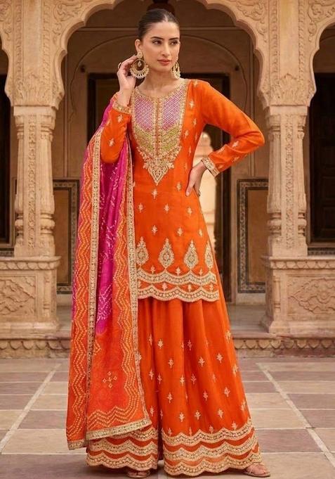 Orange Embroidered Polyester Kurta Sets