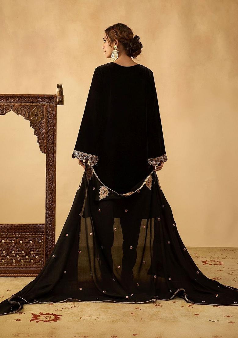 Black Embroidered Velvet Kurta Sets - Indya