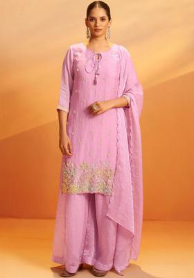 Pink Embroidered Tissue Kurta Sets