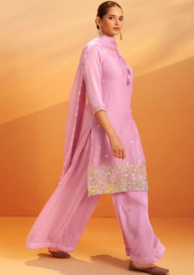 Pink Embroidered Tissue Kurta Sets - Indya
