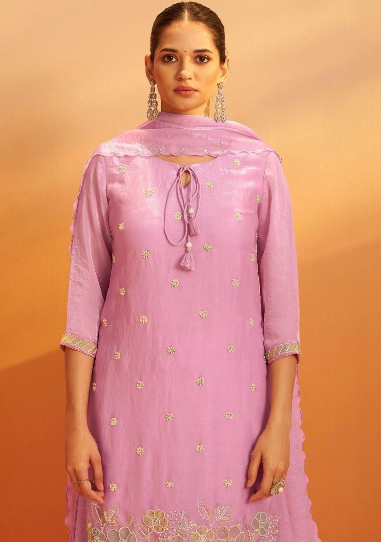 Pink Embroidered Tissue Kurta Sets - Indya