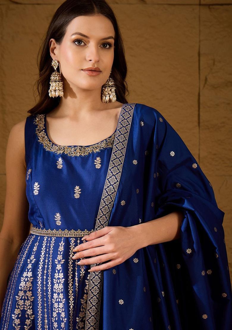 Blue Woven Design Chanderi Anarkli Sets - Indya