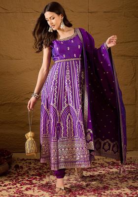 Purple Woven Design Silk Blend Anarkli Sets