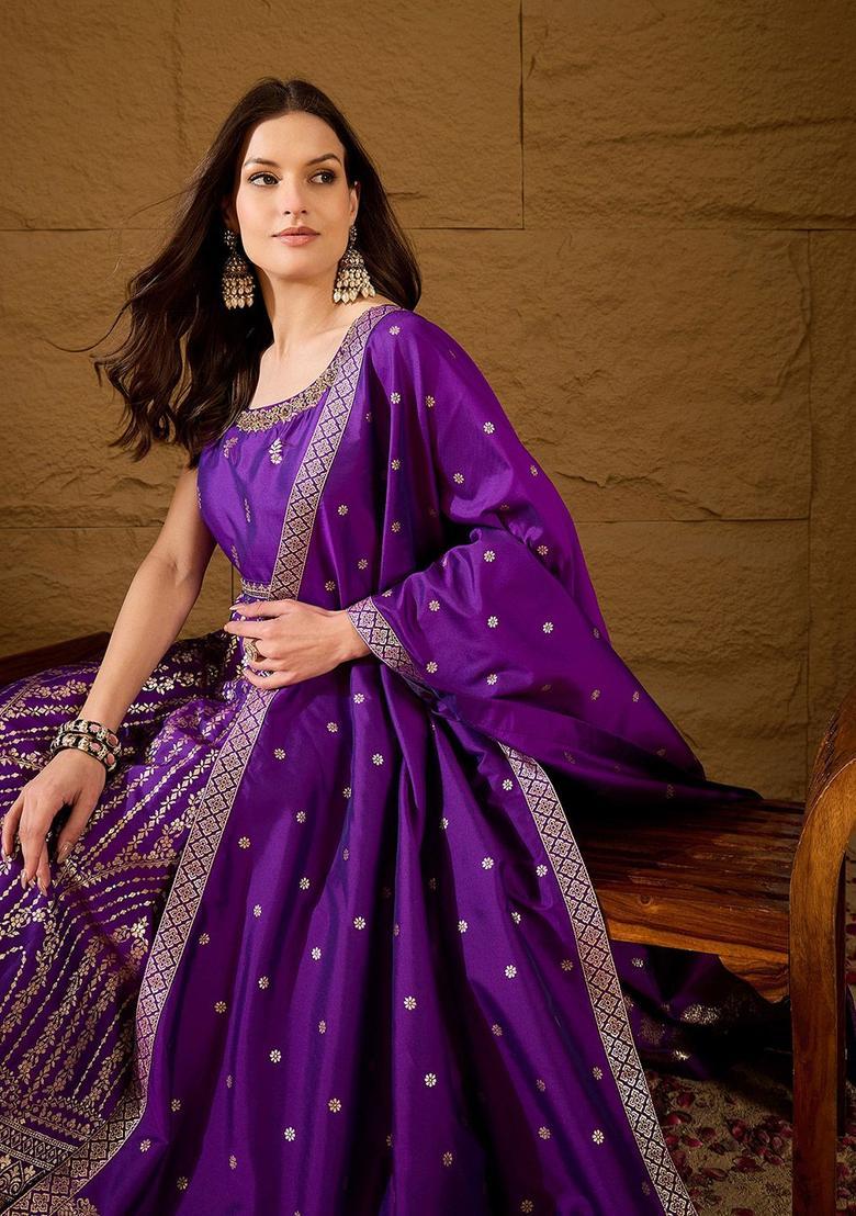 Purple Woven Design Silk Blend Anarkli Sets - Indya