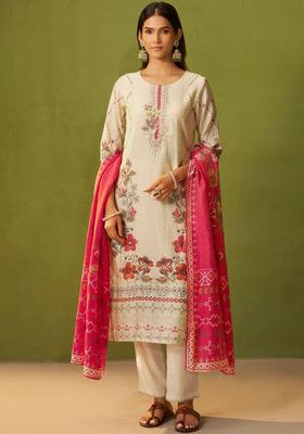 Cream Printed Linen Kurta Sets
