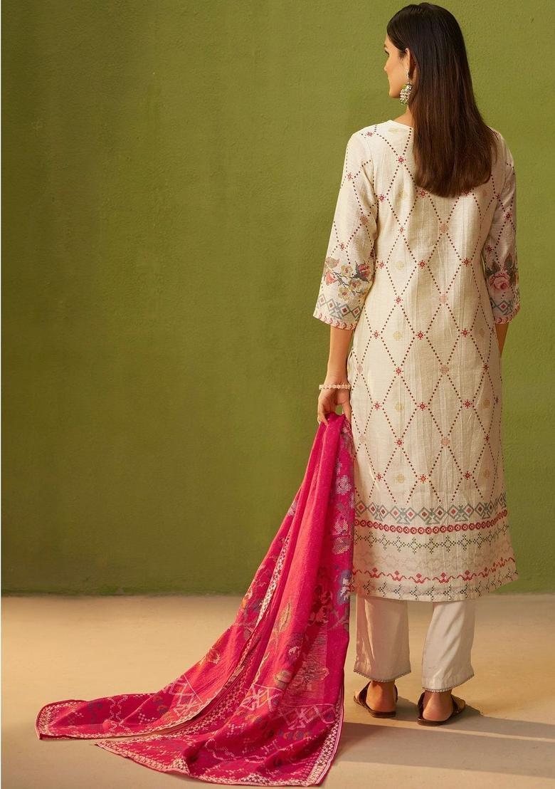 Cream Printed Linen Kurta Sets - Indya