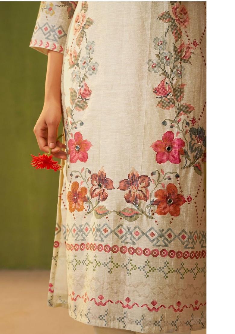 Cream Printed Linen Kurta Sets - Indya