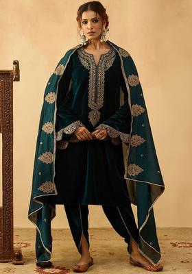 Green Embroidered Velvet Kurta Sets