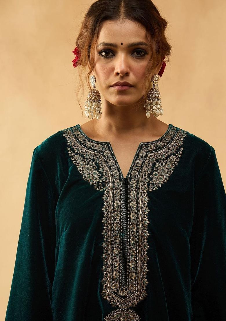 Green Embroidered Velvet Kurta Sets - Indya