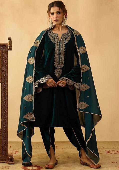Green Embroidered Velvet Kurta Sets