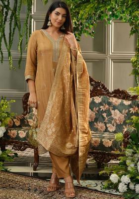 Mustard Embroidered Silk Blend Kurta Sets