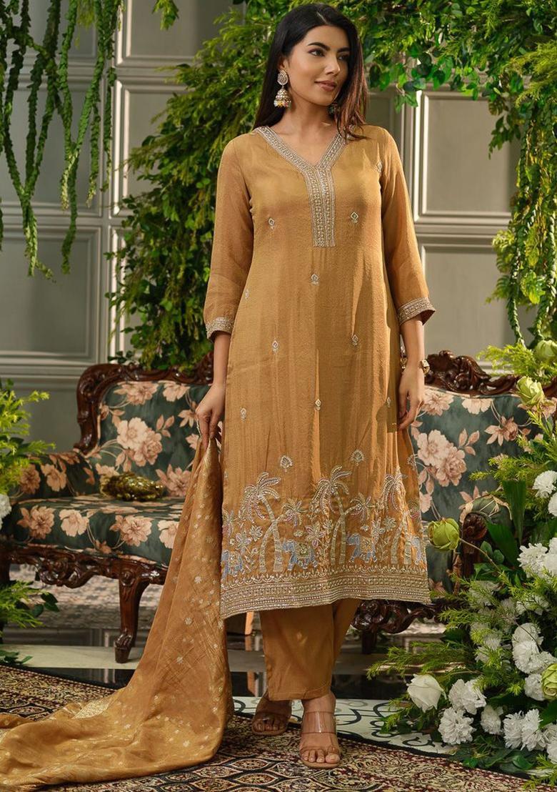 Mustard Embroidered Silk Blend Kurta Sets - Indya