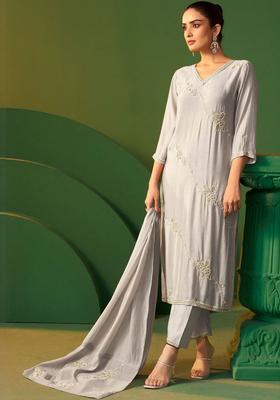 Grey Embroidered Silk Blend Kurta Sets