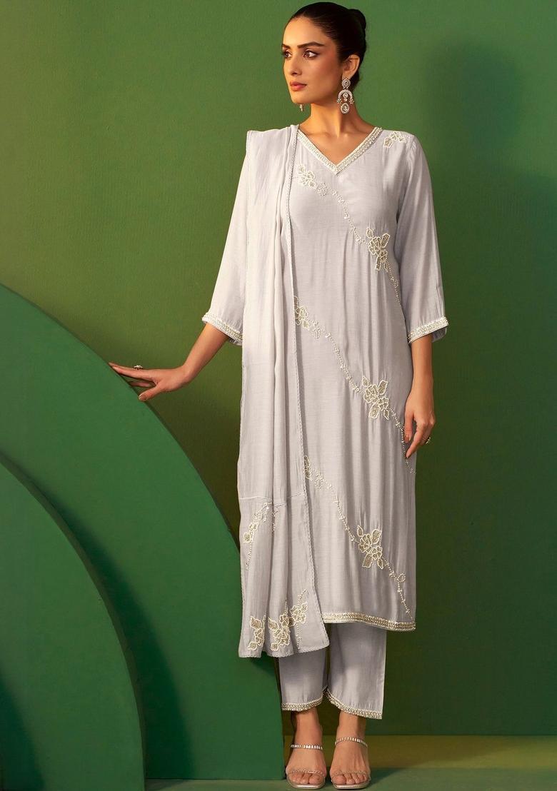 Grey Embroidered Silk Blend Kurta Sets - Indya