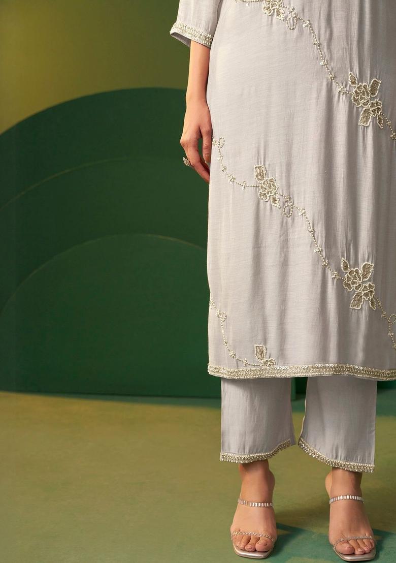 Grey Embroidered Silk Blend Kurta Sets - Indya