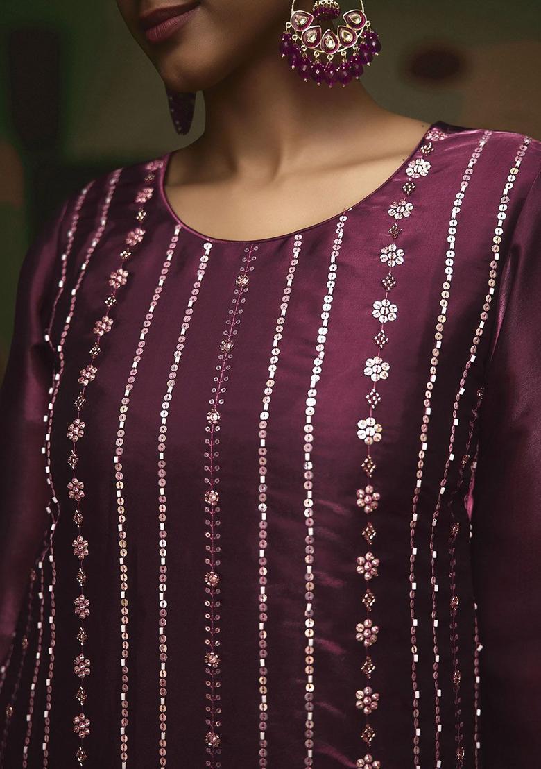 Maroon Embroidered Silk Blend Kurta Sets - Indya