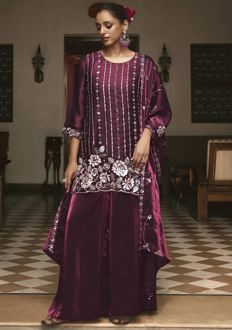 Maroon Embroidered Silk Blend Kurta Sets - Indya