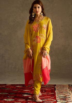 Mustard Embroidered Viscose Kurta Sets