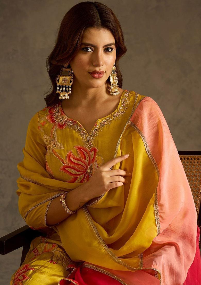 Mustard Embroidered Viscose Kurta Sets - Indya
