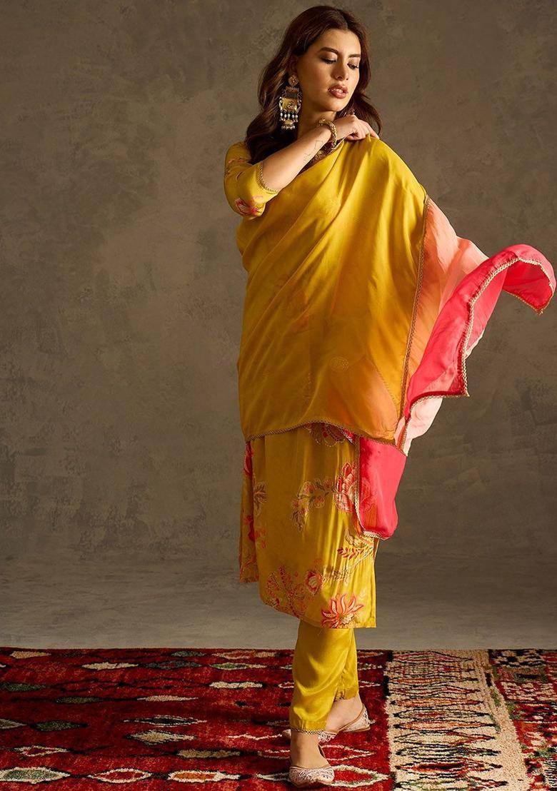 Mustard Embroidered Viscose Kurta Sets - Indya