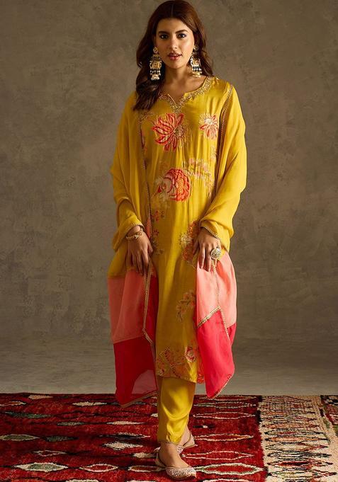 Mustard Embroidered Viscose Kurta Sets