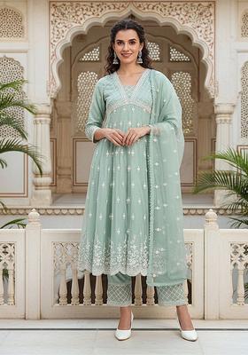 Green Embroidered Organza Anarkli Sets