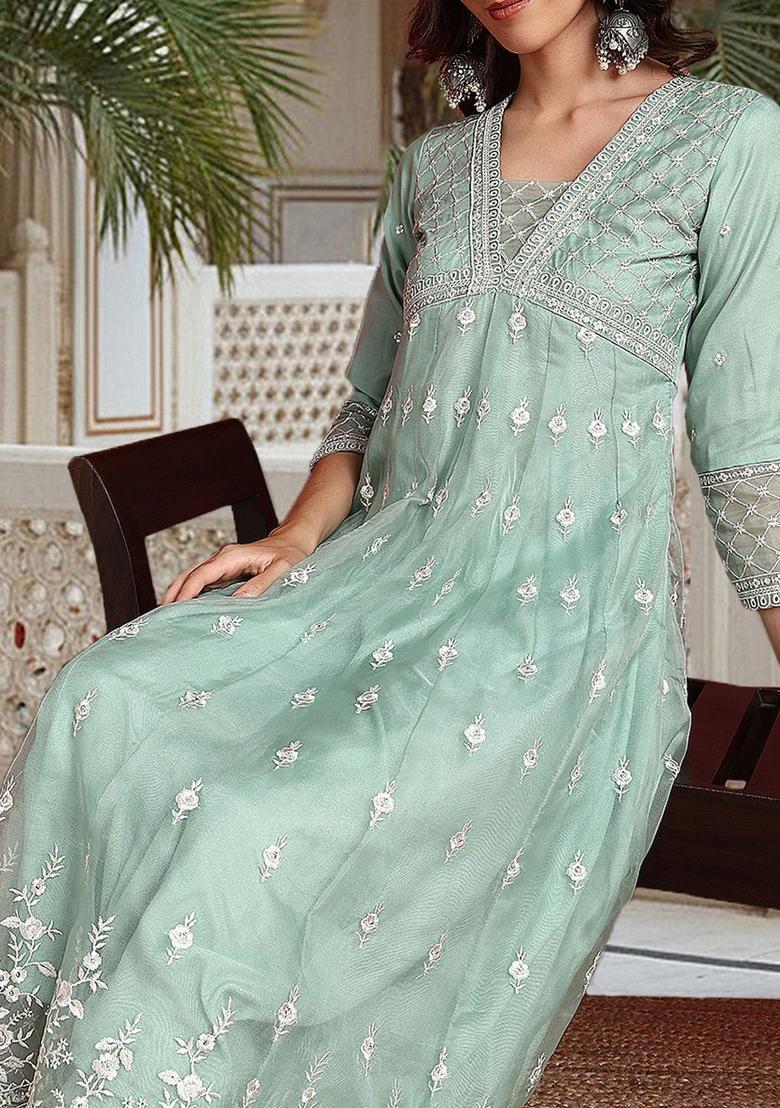 Green Embroidered Organza Anarkli Sets - Indya