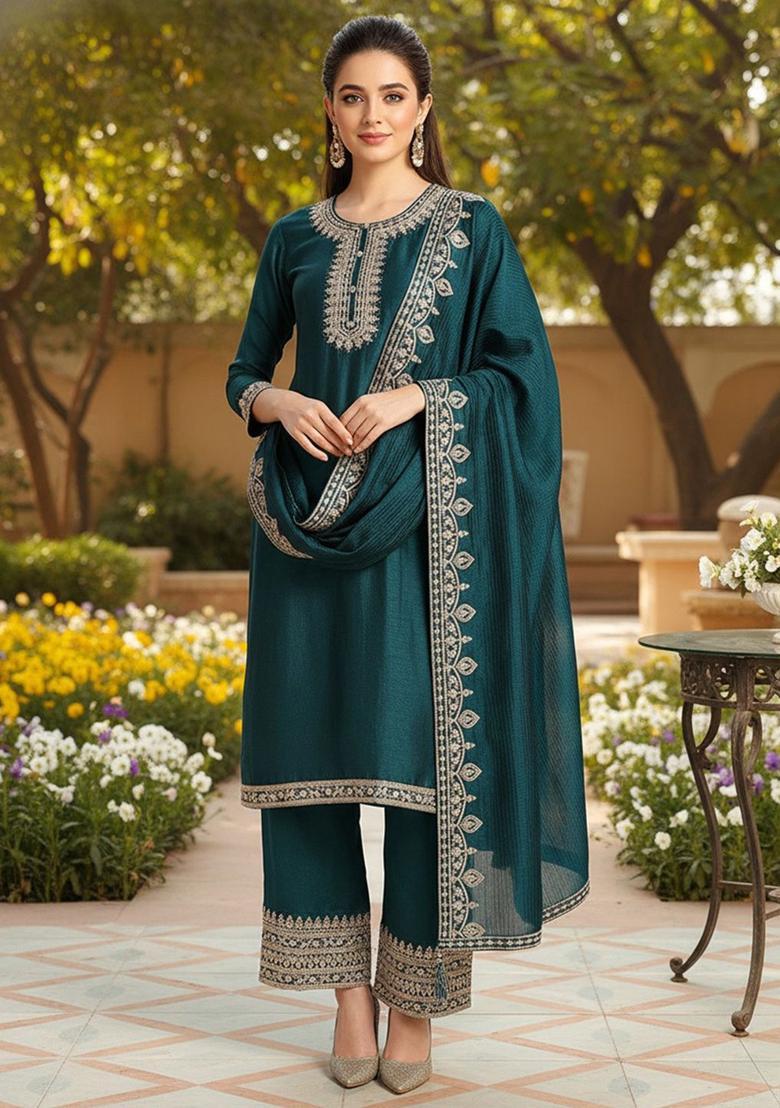 Green Yoke Design Silk Blend Kurta Sets - Indya