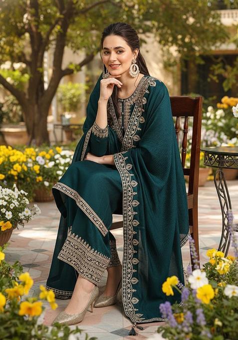 Green Yoke Design Silk Blend Kurta Sets