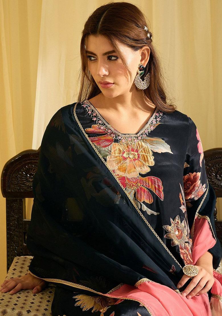 Black Embroidered Viscose Kurta Sets - Indya