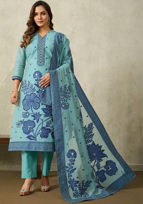 Turquoise Blue Printed Cotton Kurta Sets