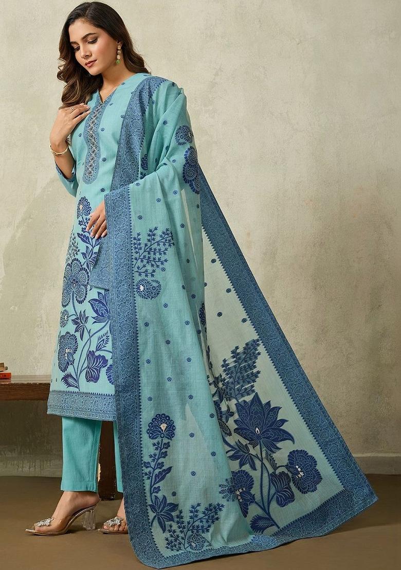 Turquoise Blue Printed Cotton Kurta Sets - Indya