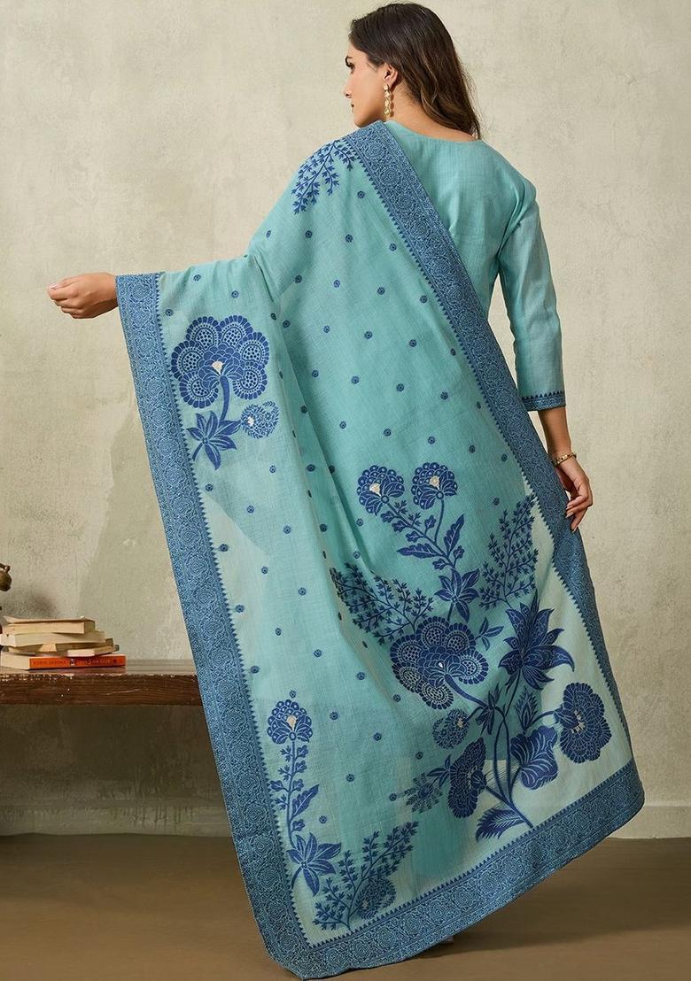 Turquoise Blue Printed Cotton Kurta Sets - Indya