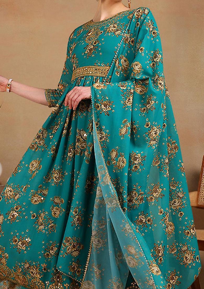 Green Printed Georgette Anarkli Sets - Indya