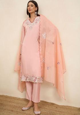 Peach Solid Silk Blend Kurta Sets