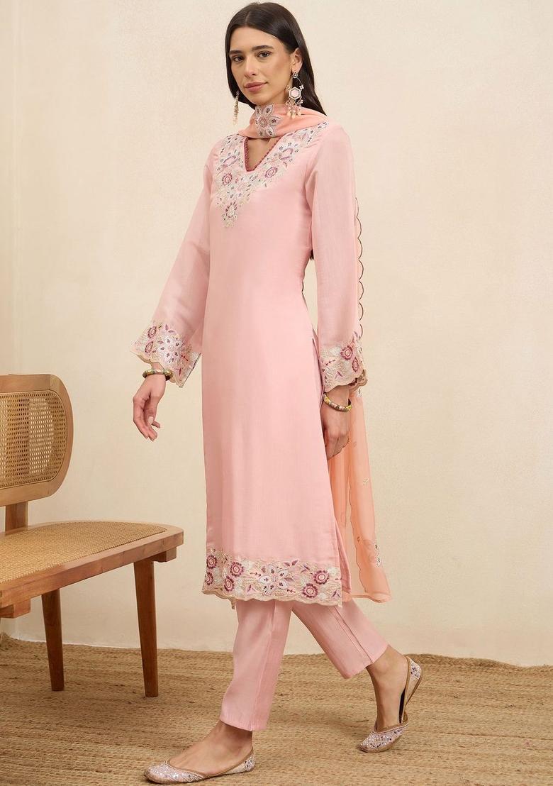 Peach Solid Silk Blend Kurta Sets - Indya