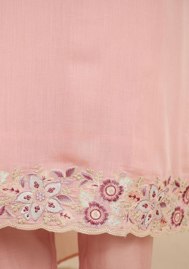 Peach Solid Silk Blend Kurta Sets - Indya