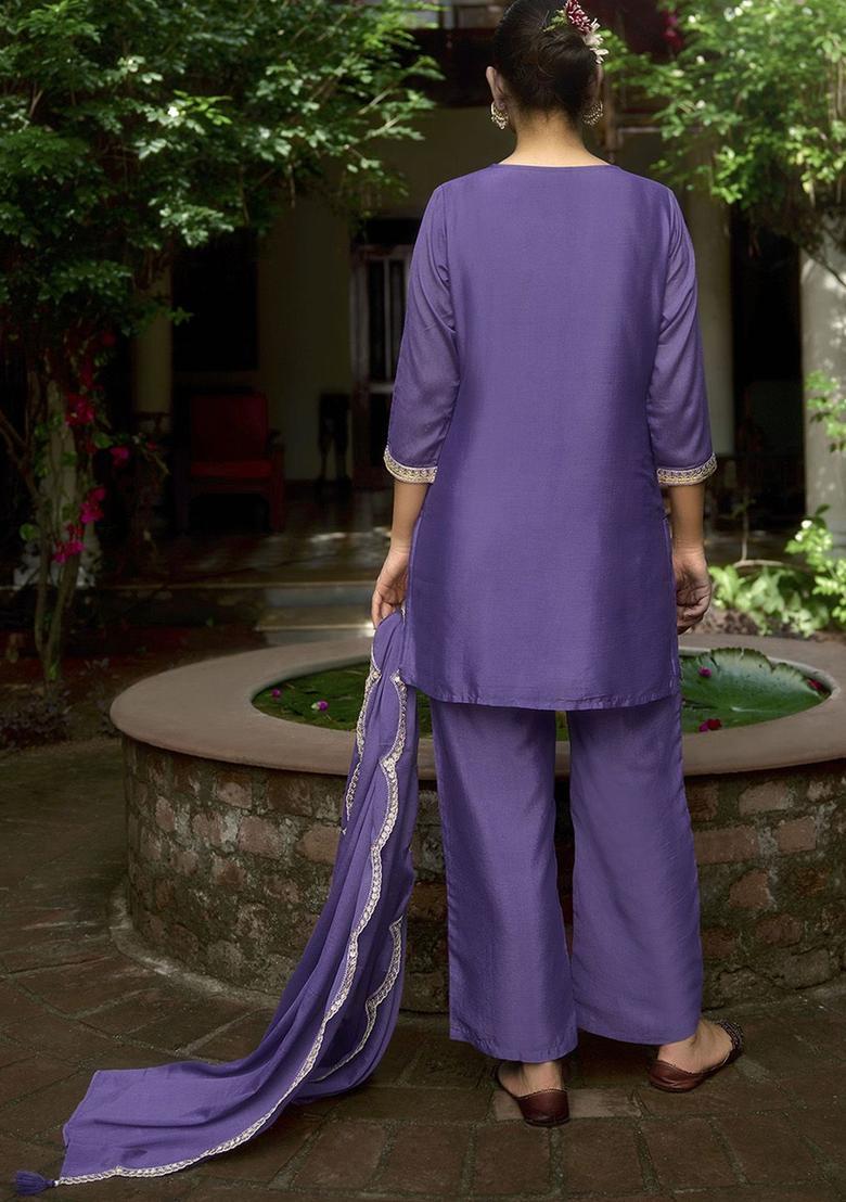 Purple Embroidered Viscose Kurta Sets - Indya