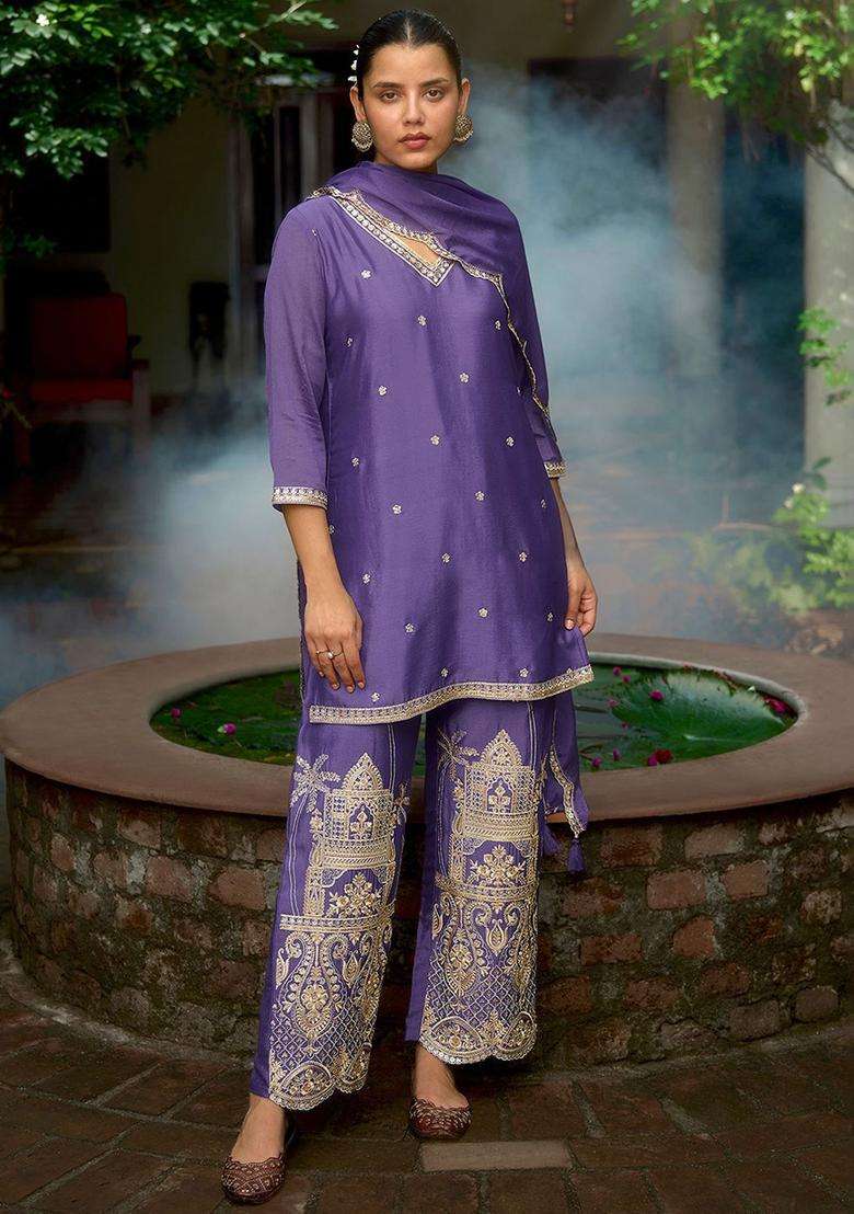 Purple Embroidered Viscose Kurta Sets - Indya