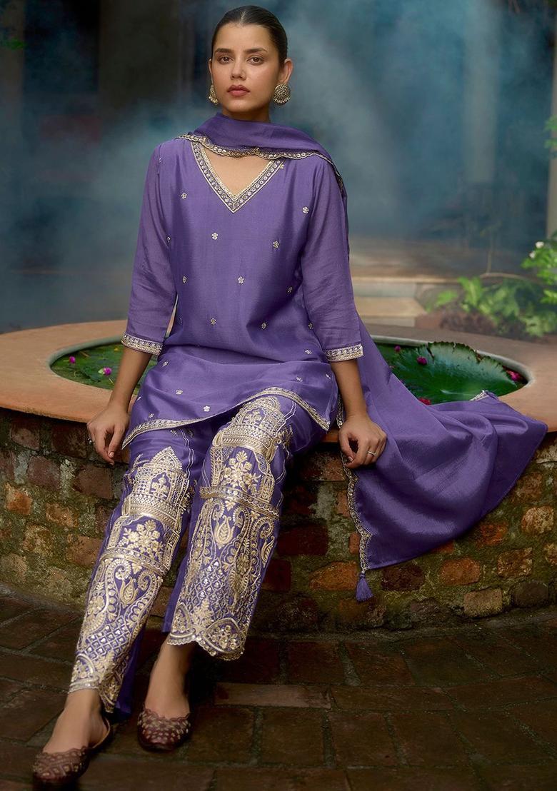Purple Embroidered Viscose Kurta Sets - Indya