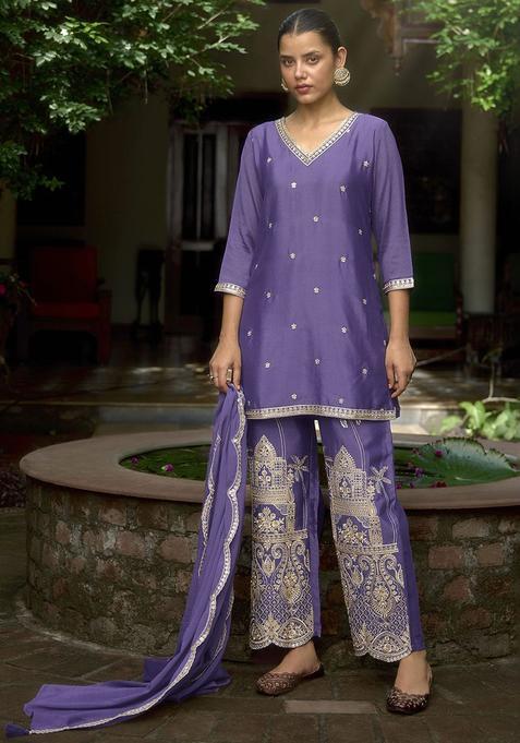 Purple Embroidered Viscose Kurta Sets