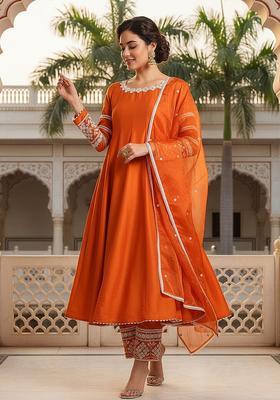 Orange Embroidered Silk Blend Anarkli Sets