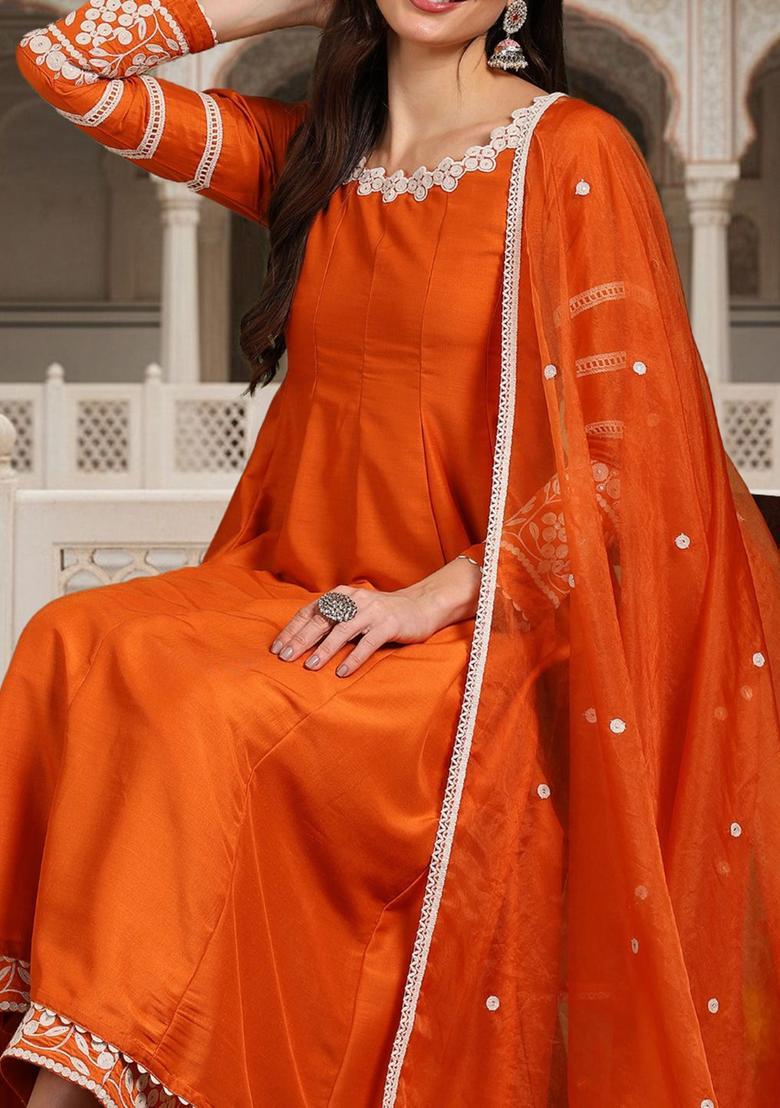 Orange Embroidered Silk Blend Anarkli Sets - Indya
