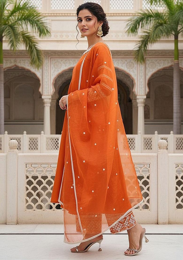 Orange Embroidered Silk Blend Anarkli Sets - Indya