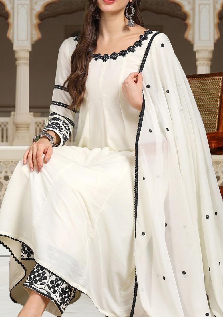 White Embroidered Silk Blend Anarkli Sets - Indya