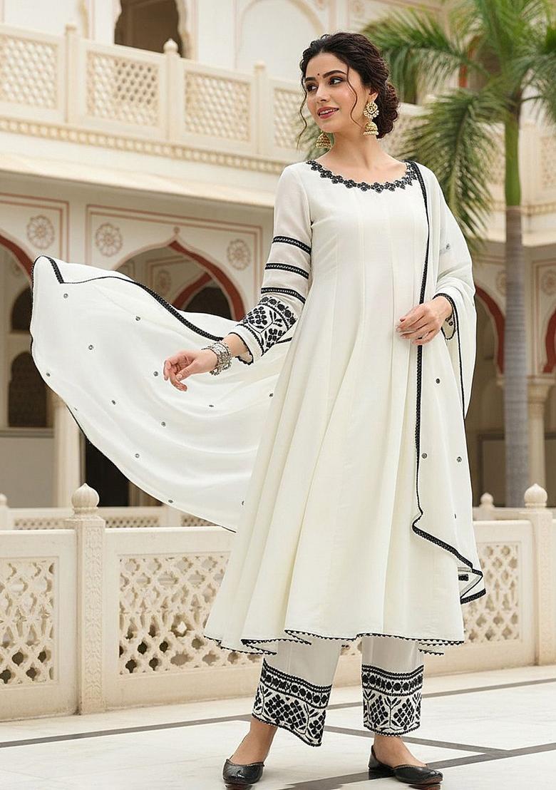 White Embroidered Silk Blend Anarkli Sets - Indya