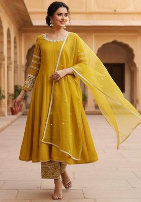 Yellow Embroidered Silk Blend Anarkli Sets
