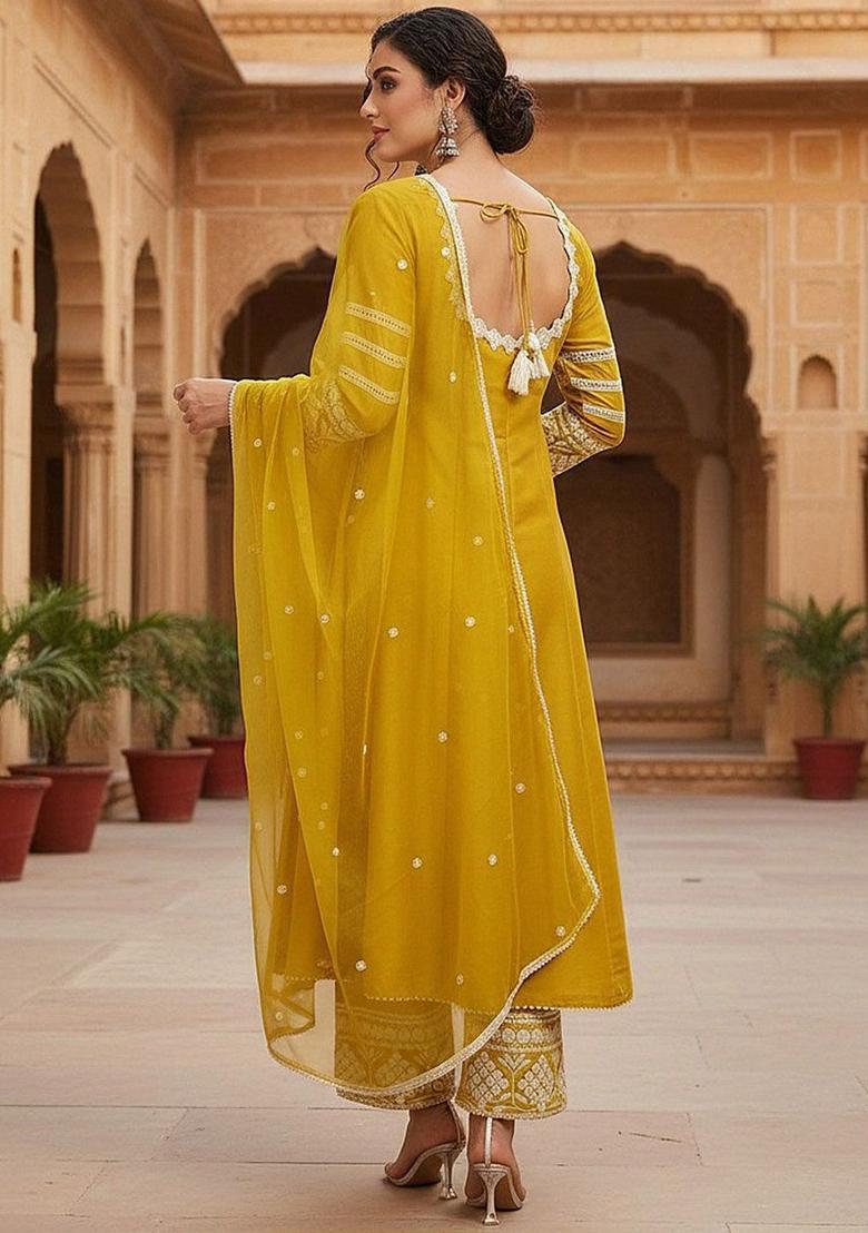 Yellow Embroidered Silk Blend Anarkli Sets - Indya