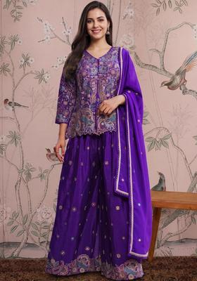 Purple Printed Chinon Anarkli Sets