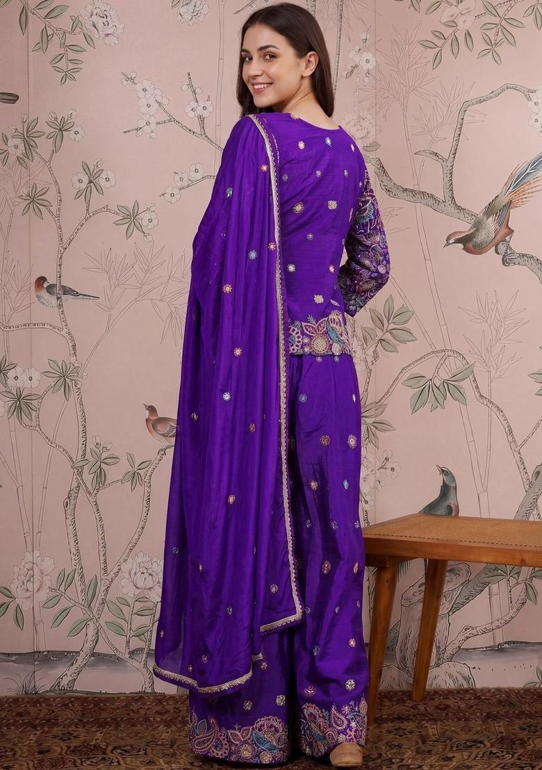 Purple Printed Chinon Anarkli Sets - Indya